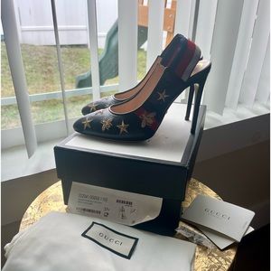 Gucci Sylvie Embroidered Web Bee Star Slingback Heel Black Size 37.5